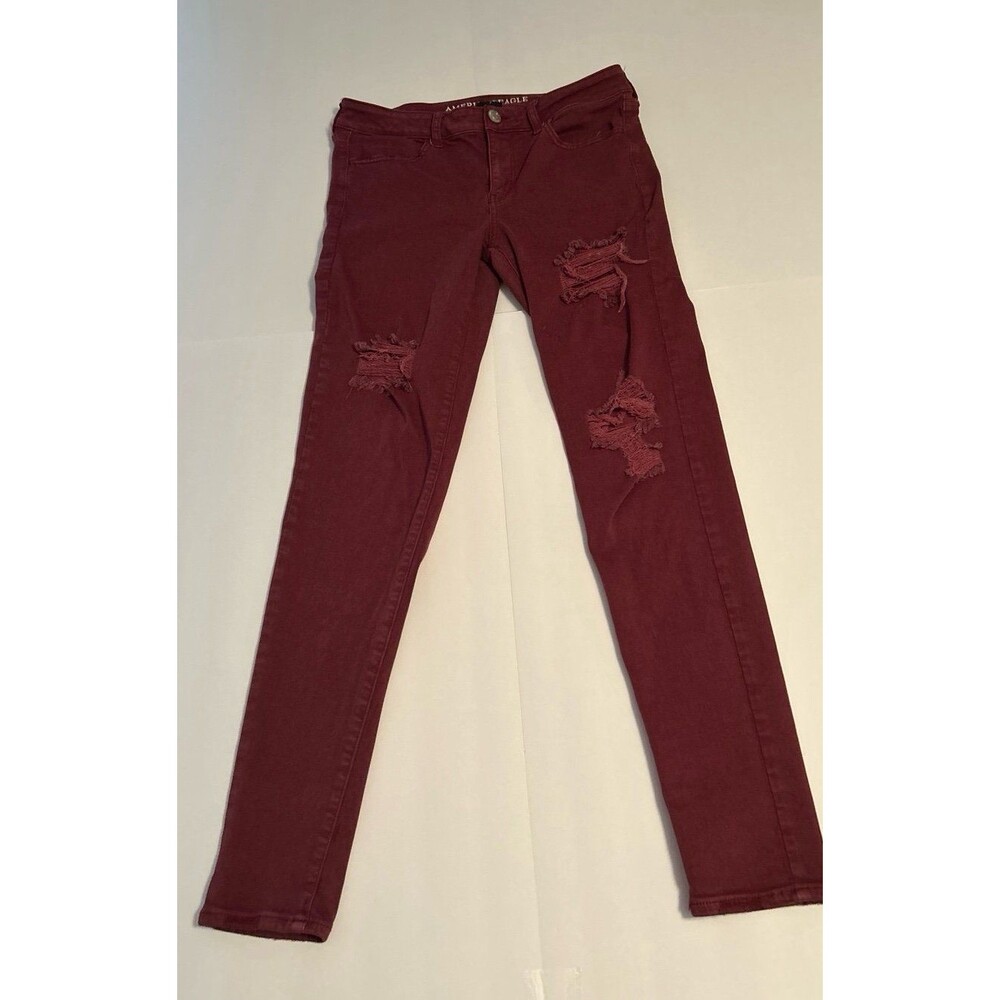 American Eagle Women’s Maroon Destructed Level Stretch Jeggings Size 10 x long